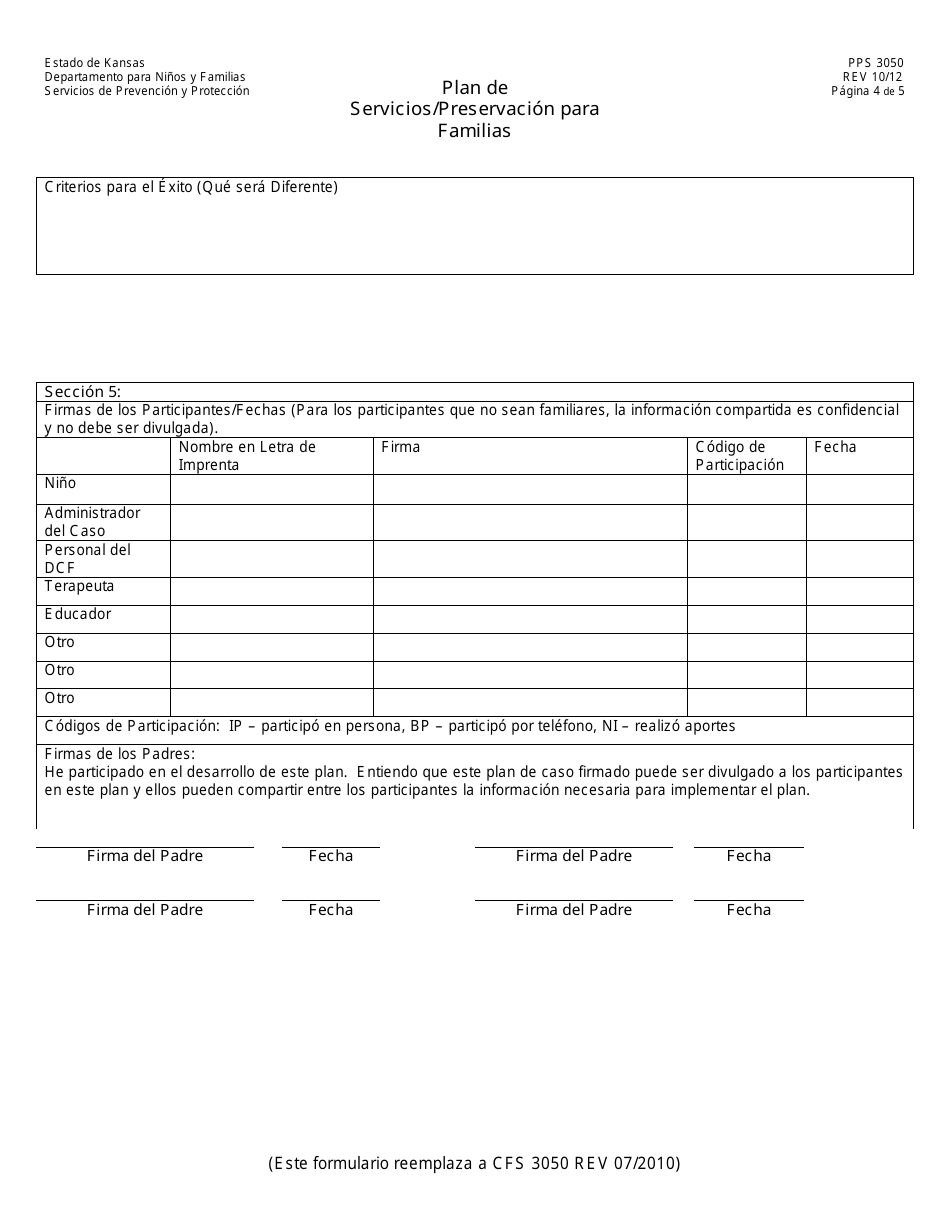 Formulario PPS3050 Plan De Servicios / Preservacion Para Familias - Kansas (Spanish), Page 4