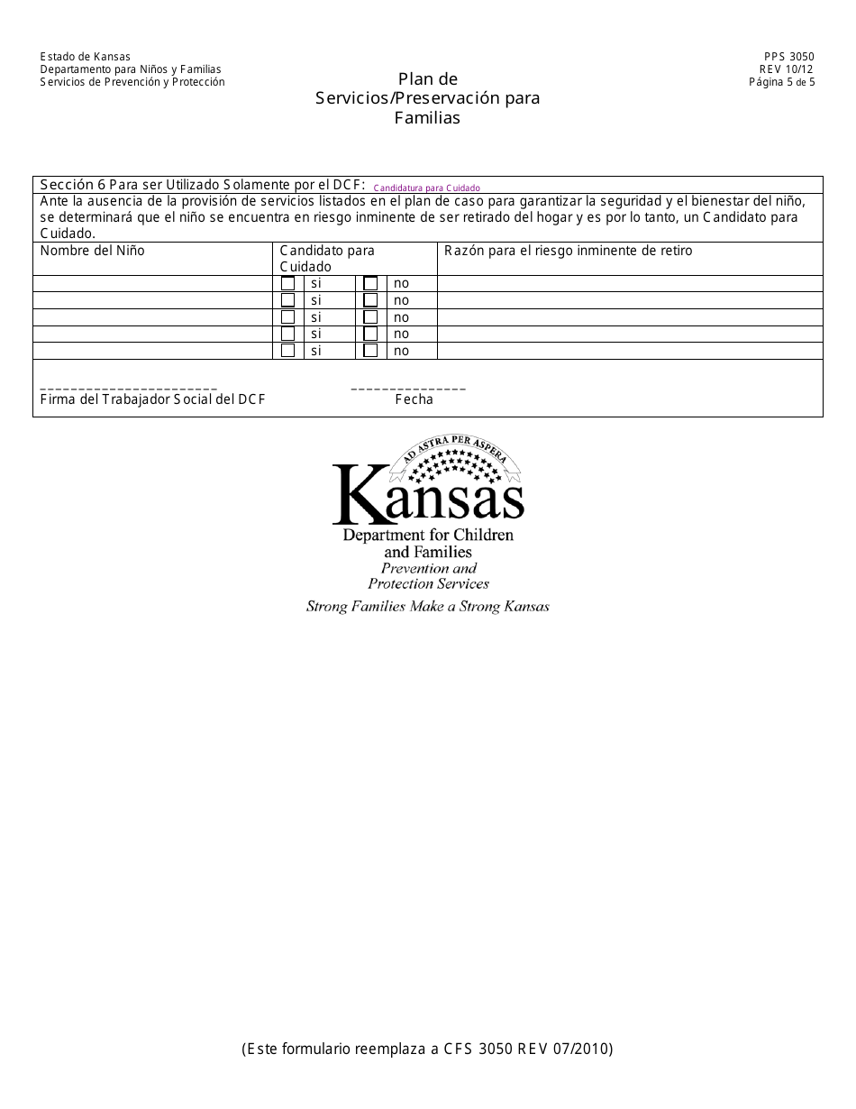 Formulario PPS3050 Plan De Servicios / Preservacion Para Familias - Kansas (Spanish), Page 5
