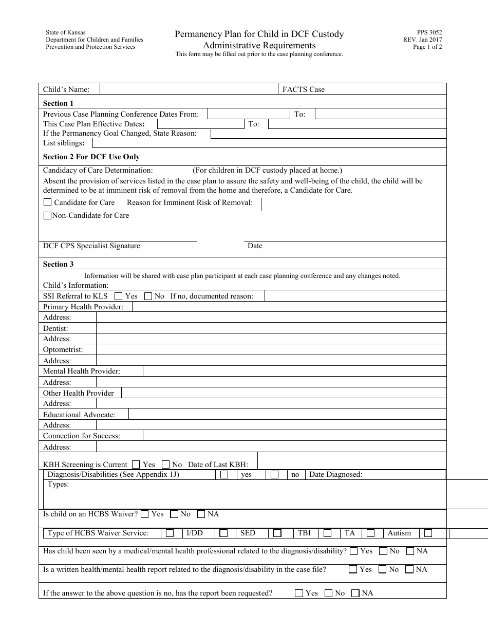 Form PPS3052 Permanency Plan for Child in Dcf Custody - Administrative Requirements - Kansas, Page 1