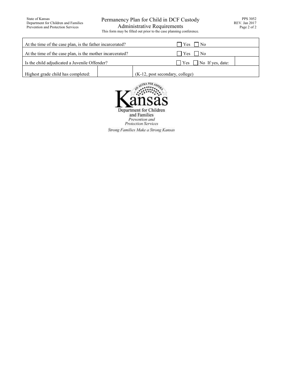 Form PPS3052 Permanency Plan for Child in Dcf Custody - Administrative Requirements - Kansas, Page 2
