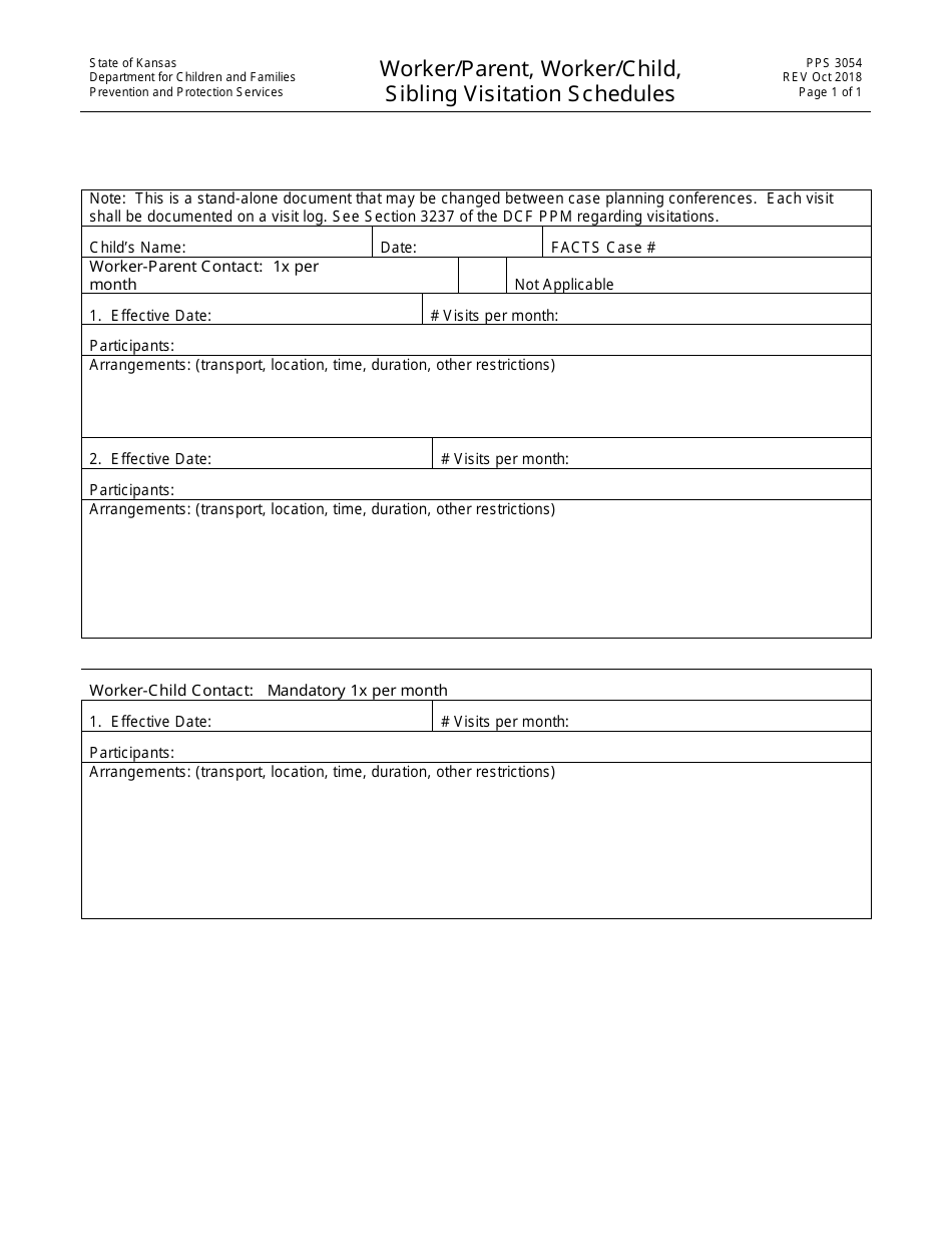 Form PPS3054 Worker / Parent, Worker / Child, Sibling Visitation Schedules - Kansas, Page 1
