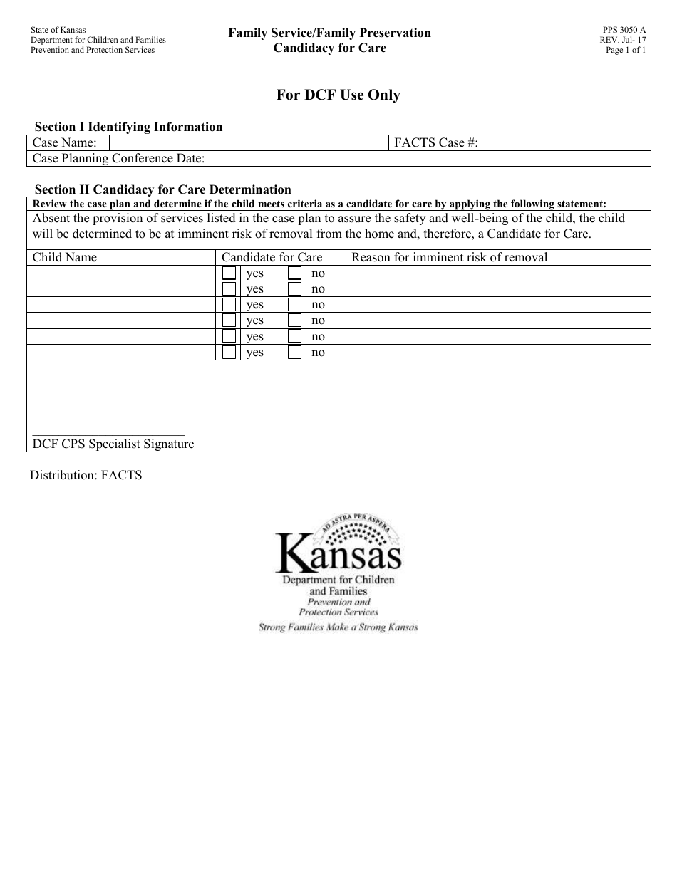 Form PPS3050 A Family Service / Family Preservation Candidacy for Care - Kansas, Page 1