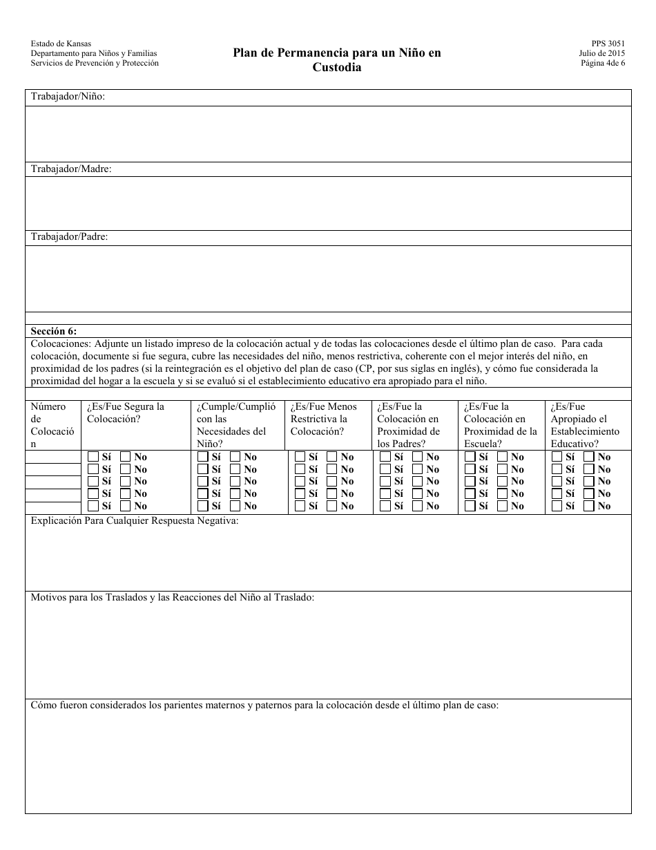Formulario PPS3051 Plan De Permanencia Para Un Nino En Custodia - Kansas (Spanish), Page 4