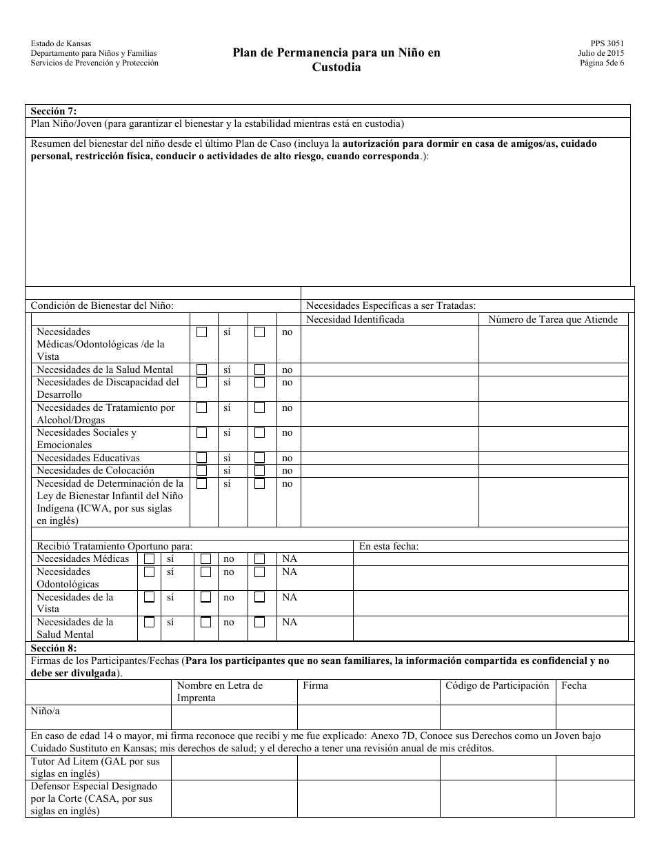 Formulario PPS3051 Plan De Permanencia Para Un Nino En Custodia - Kansas (Spanish), Page 5