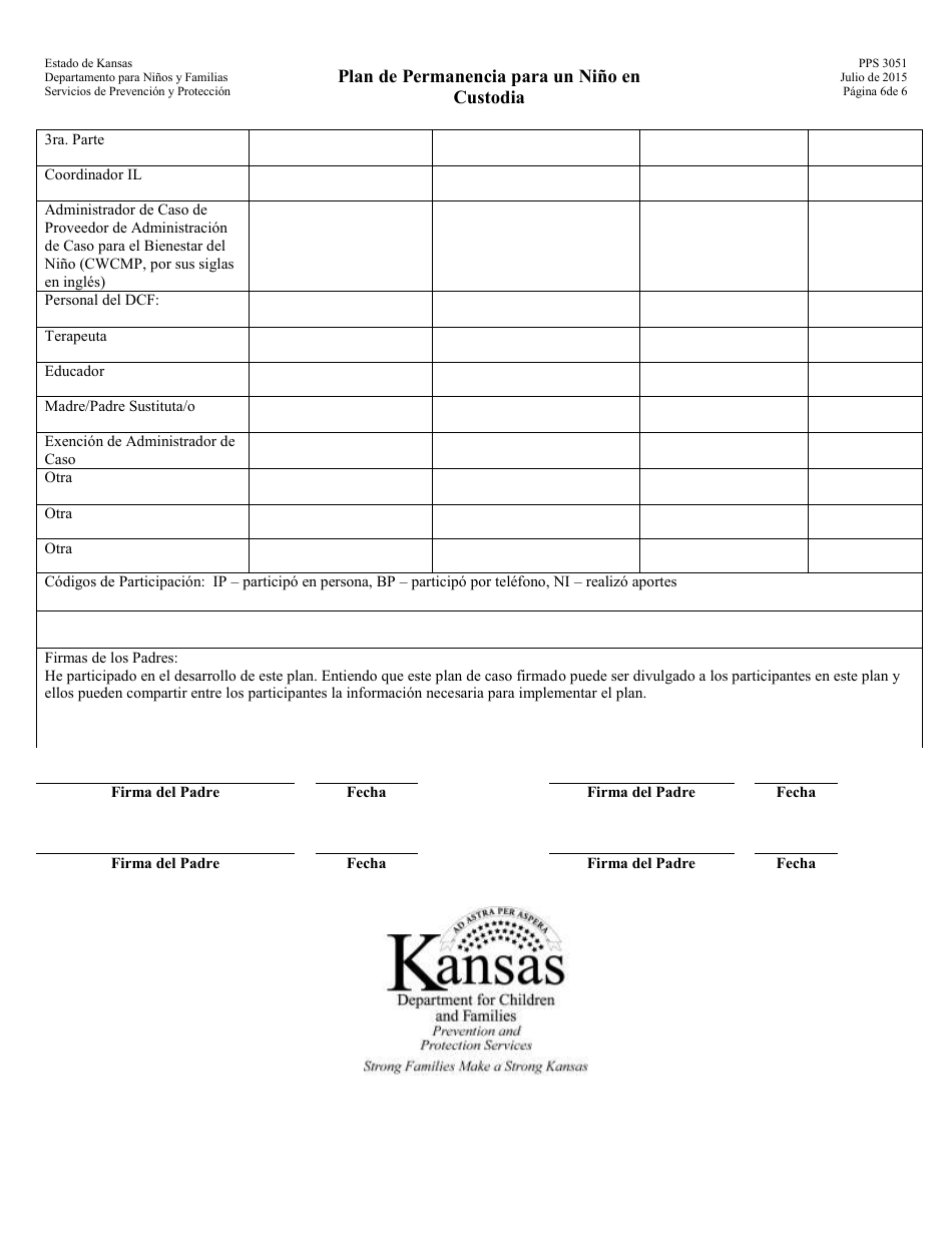 Formulario PPS3051 Plan De Permanencia Para Un Nino En Custodia - Kansas (Spanish), Page 6
