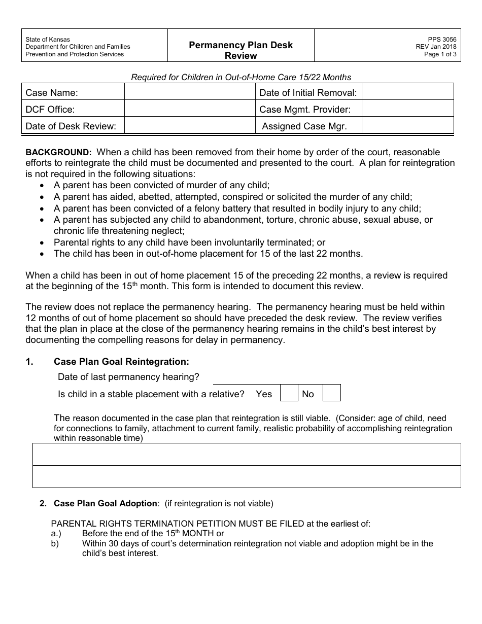 Form PPS3056 Permanency Plan Desk Review - Kansas, Page 1