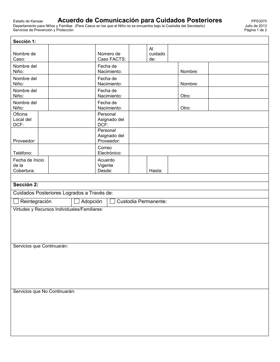 Formulario PPS3070 Acuerdo De Comunicacion Para Cuidados Posteriores - Kansas (Spanish), Page 1