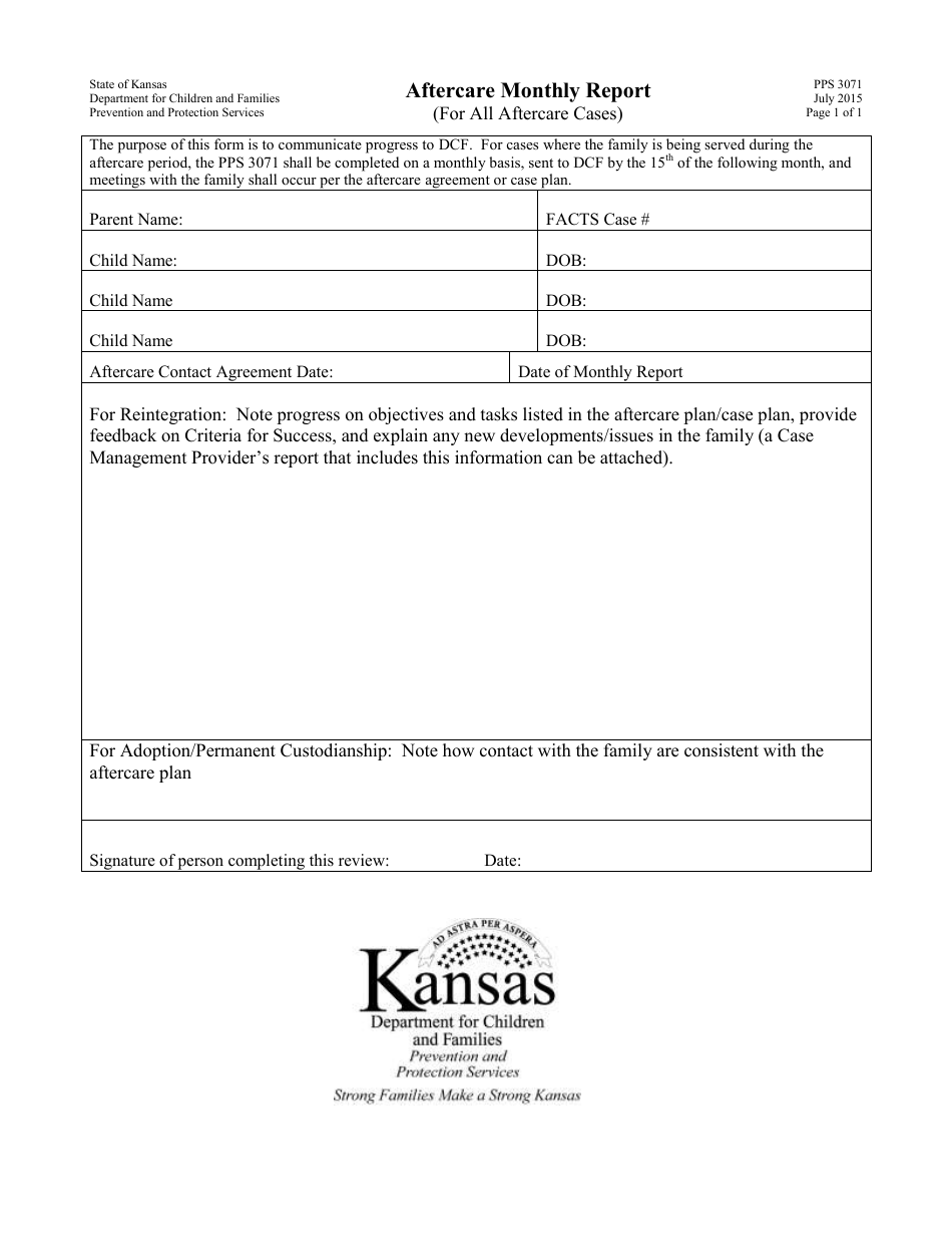 Form PPS3071 Aftercare Monthly Report - Kansas, Page 1