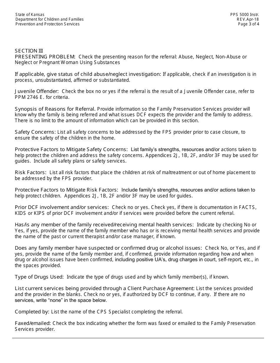 Instructions for Form PPS5000 Family Preservation Services Referral and Transmittal Sheet - Kansas, Page 3