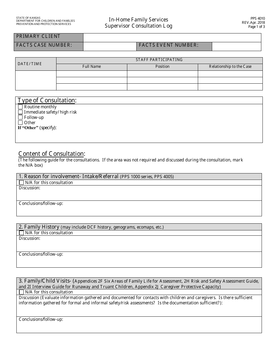 Form PPS4010 In-home Services Supervisor Consultation Log - Kansas, Page 1