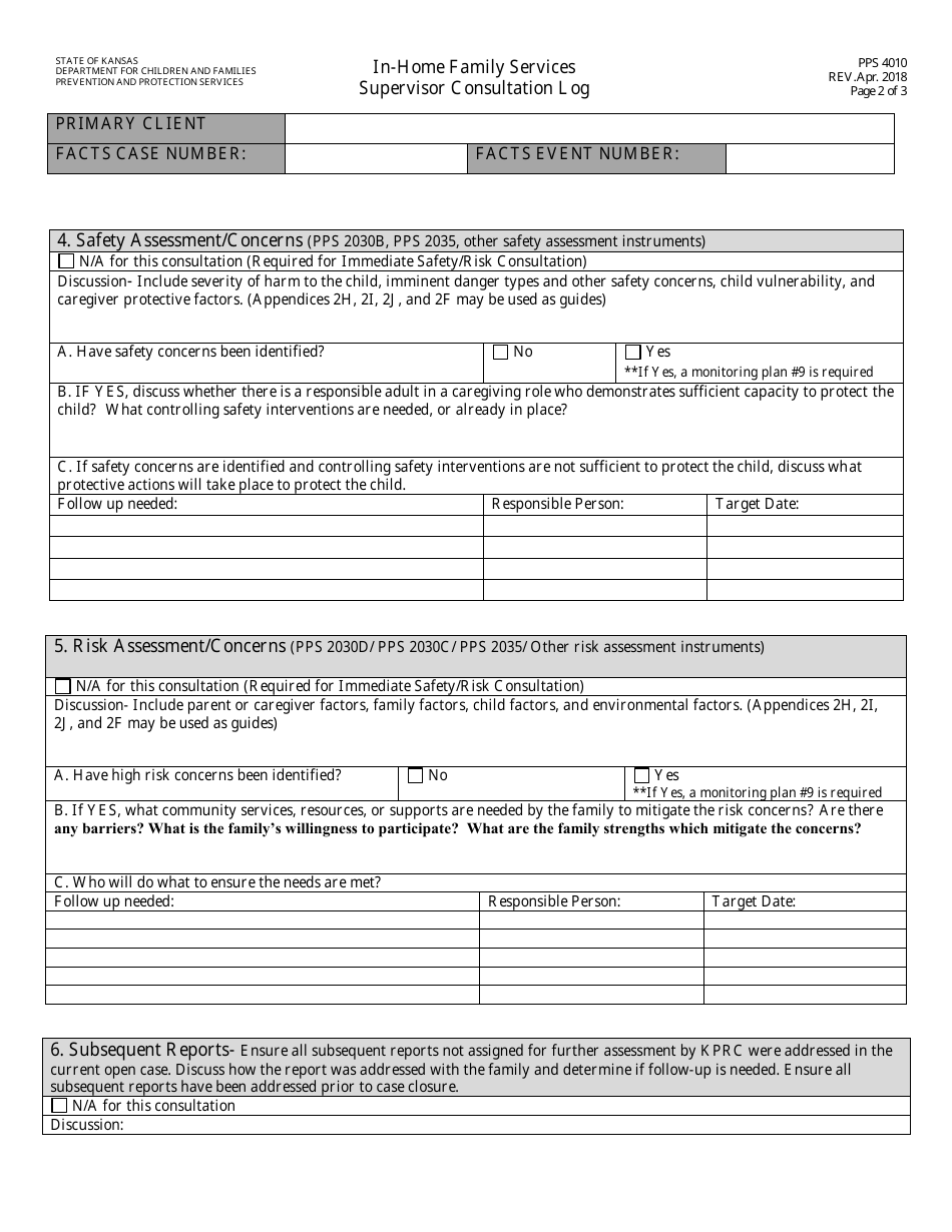 Form PPS4010 In-home Services Supervisor Consultation Log - Kansas, Page 2