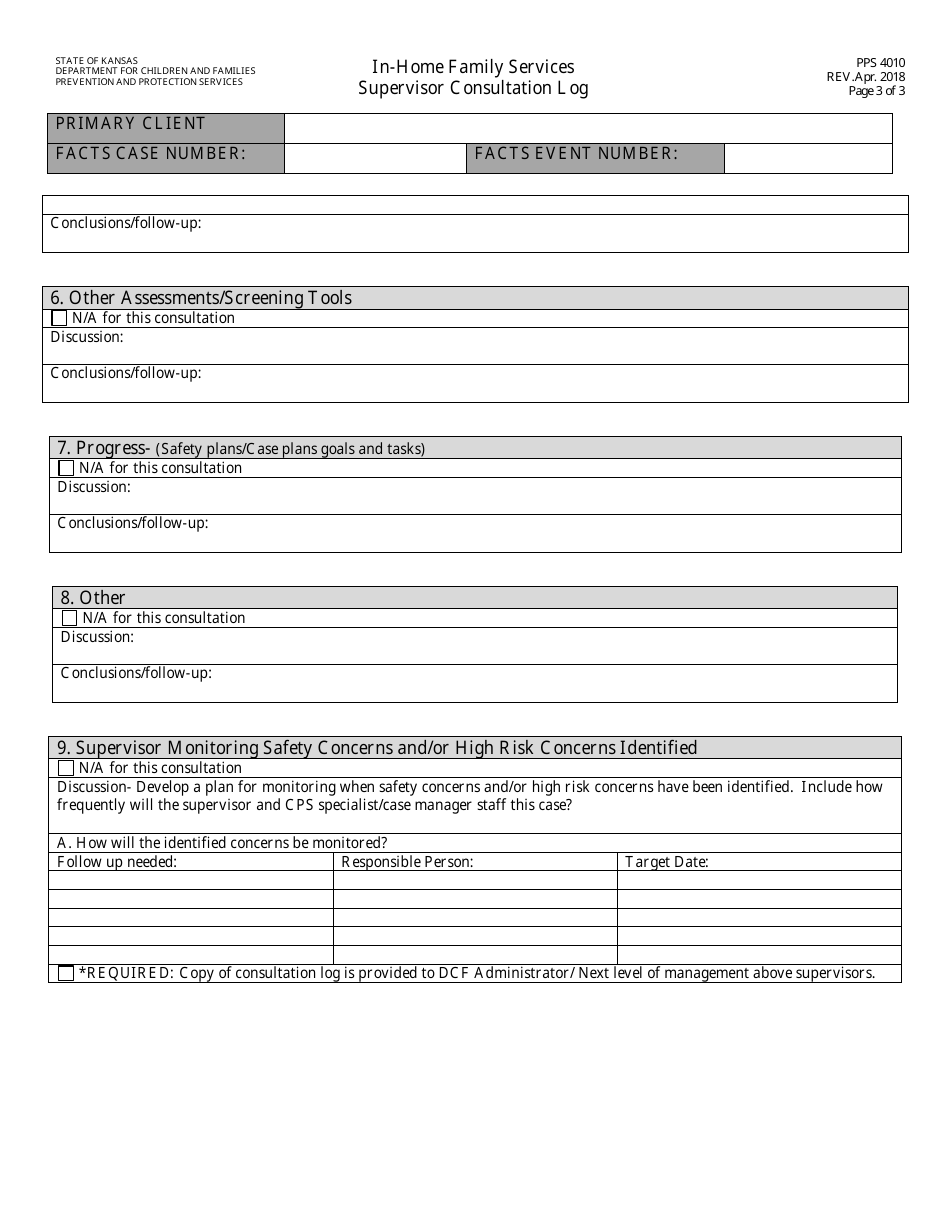Form PPS4010 In-home Services Supervisor Consultation Log - Kansas, Page 3
