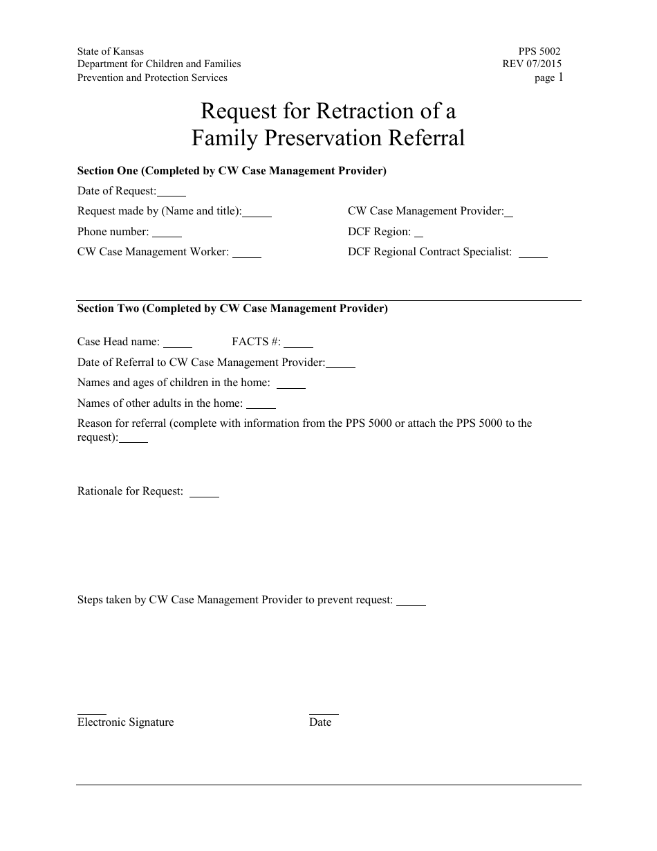 Form PPS5002 Request for Retraction of a Family Preservation Referral - Kansas, Page 1