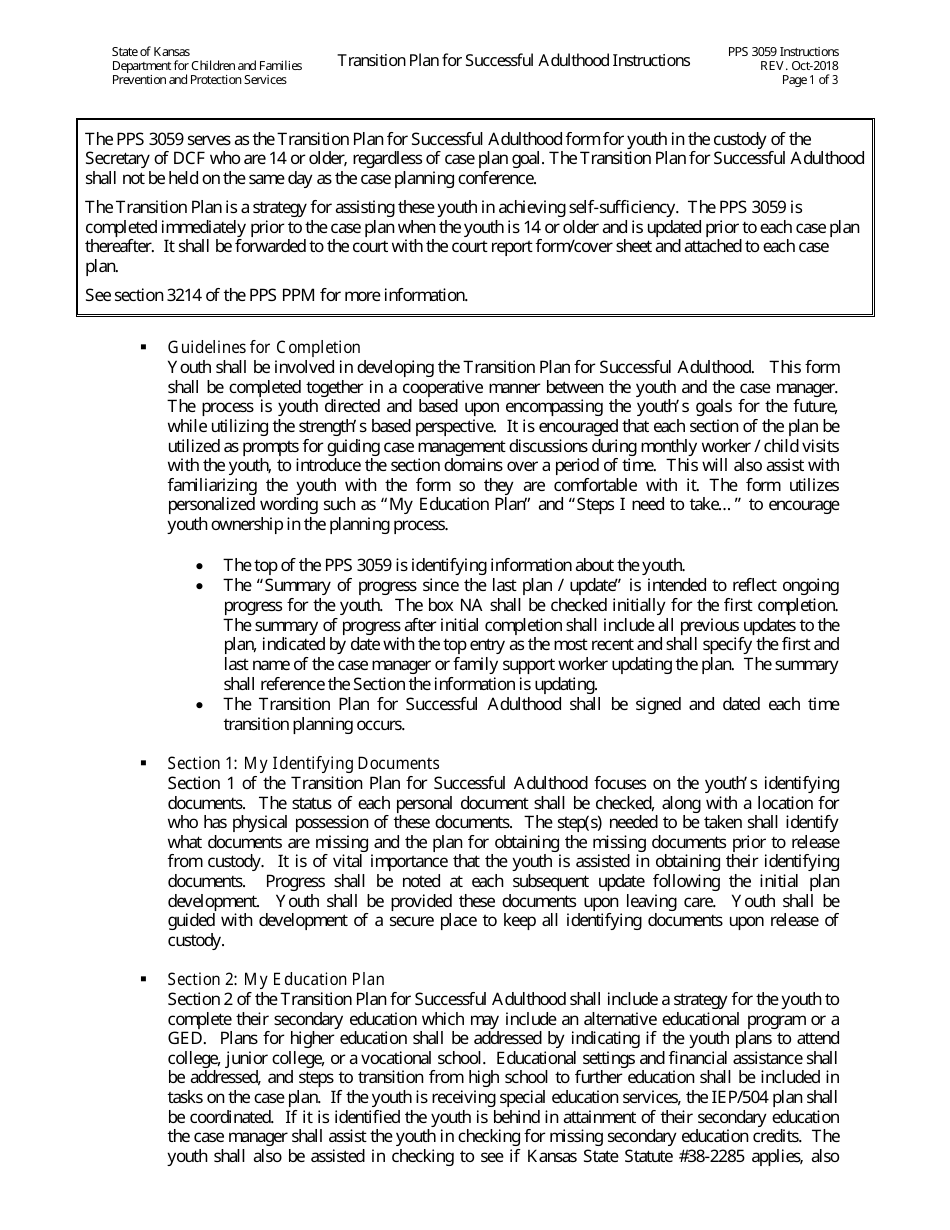 Instructions for Form PPS3059 Transition Plan for Successful Adulthood - Kansas, Page 1