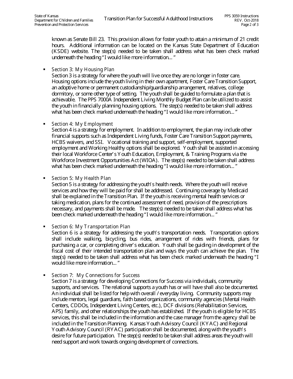 Instructions for Form PPS3059 Transition Plan for Successful Adulthood - Kansas, Page 2