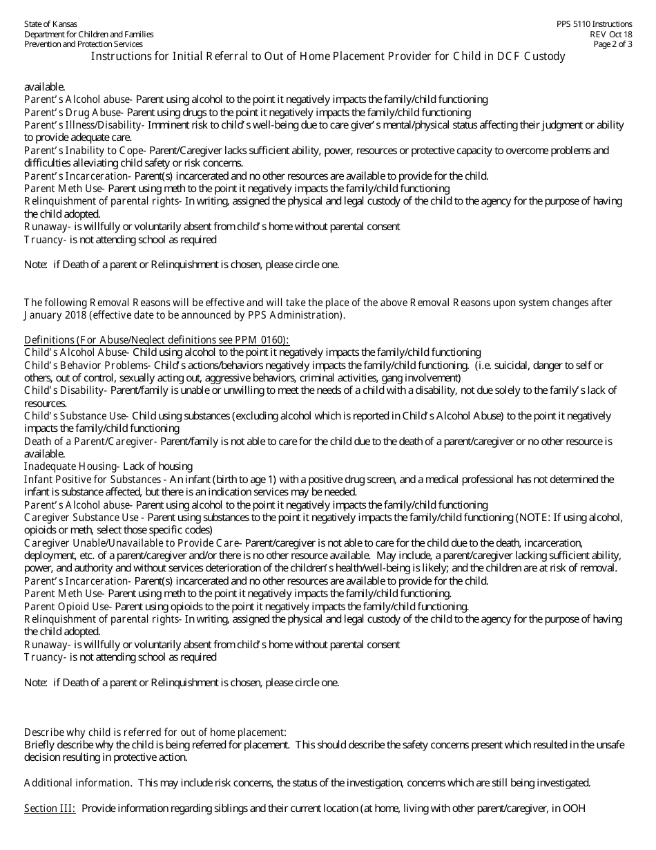 Instructions for Form PPS5110 Initial Referral to out of Home Placement Provider for Child in Dcf Custody - Kansas, Page 2