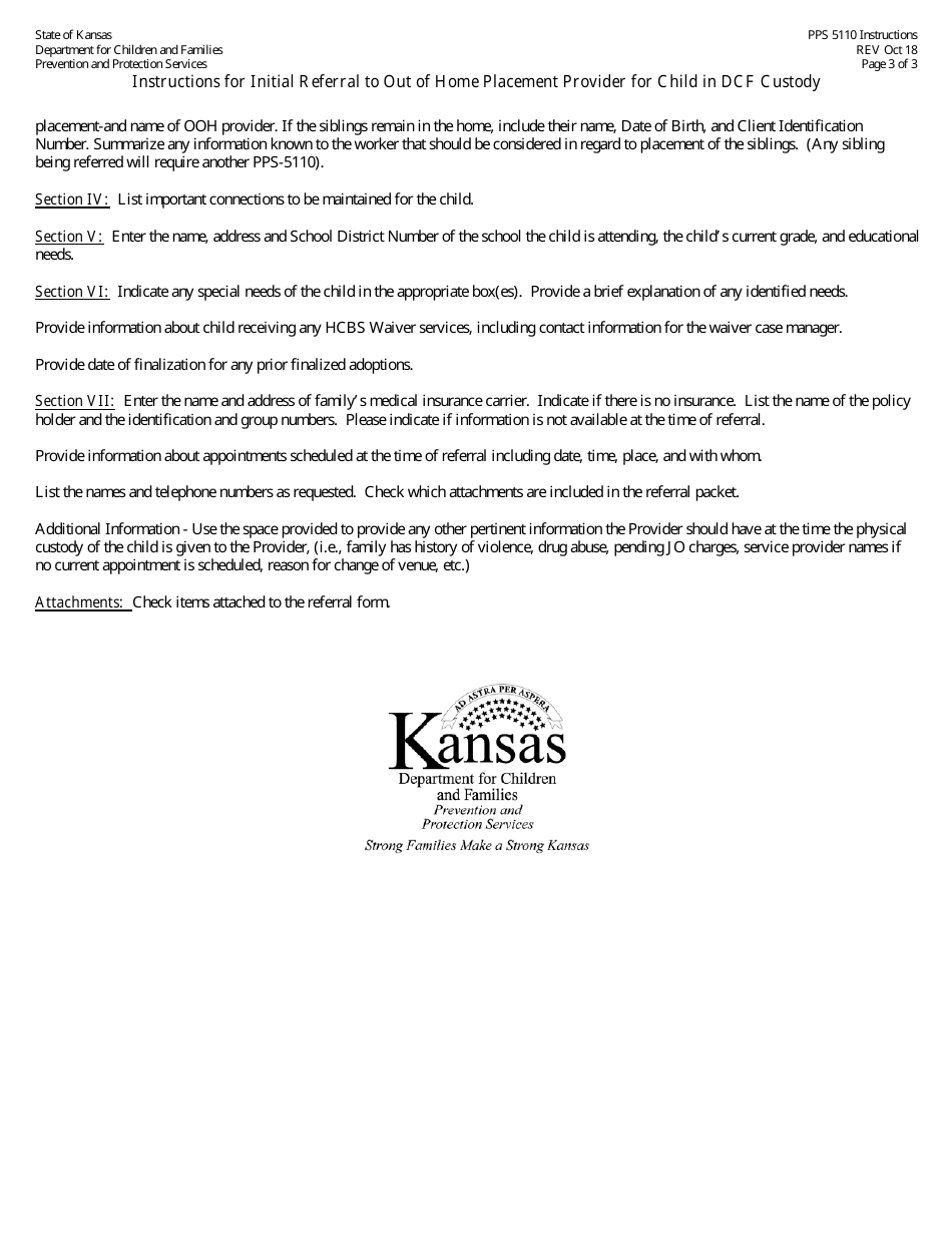 Instructions for Form PPS5110 Initial Referral to out of Home Placement Provider for Child in Dcf Custody - Kansas, Page 3
