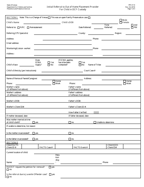 Form PPS5110 Initial Referral to out of Home Placement Provider for Child in Dcf Custody - Kansas
