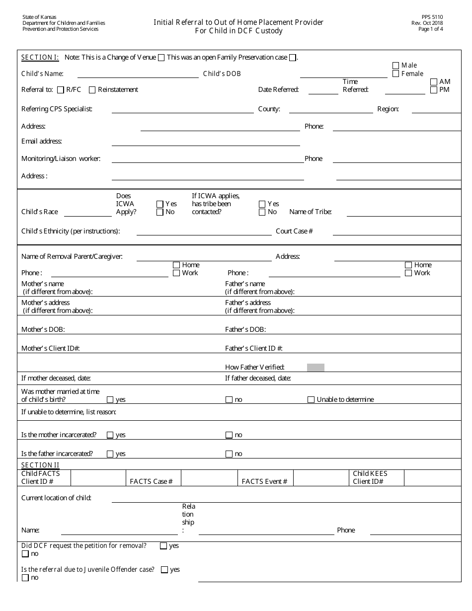 Form PPS5110 Initial Referral to out of Home Placement Provider for Child in Dcf Custody - Kansas, Page 1