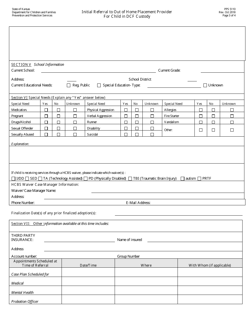 Form PPS5110 Initial Referral to out of Home Placement Provider for Child in Dcf Custody - Kansas, Page 3
