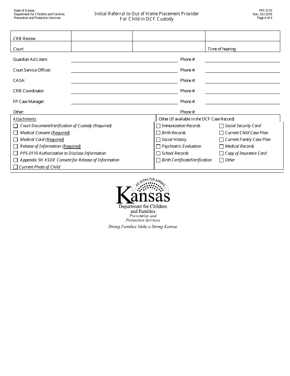 Form PPS5110 Initial Referral to out of Home Placement Provider for Child in Dcf Custody - Kansas, Page 4