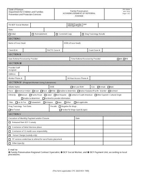 Form PPS5000A Family Preservation Acknowledgment of Referral/Change - Kansas