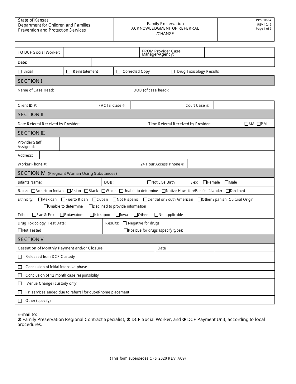 Form PPS5000A Family Preservation Acknowledgment of Referral / Change - Kansas, Page 1