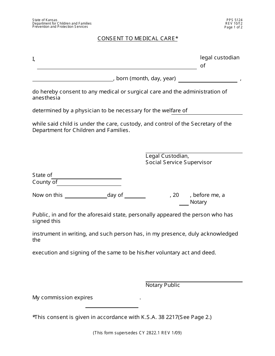 Form PPS5124 Consent to Medical Care - Kansas, Page 1