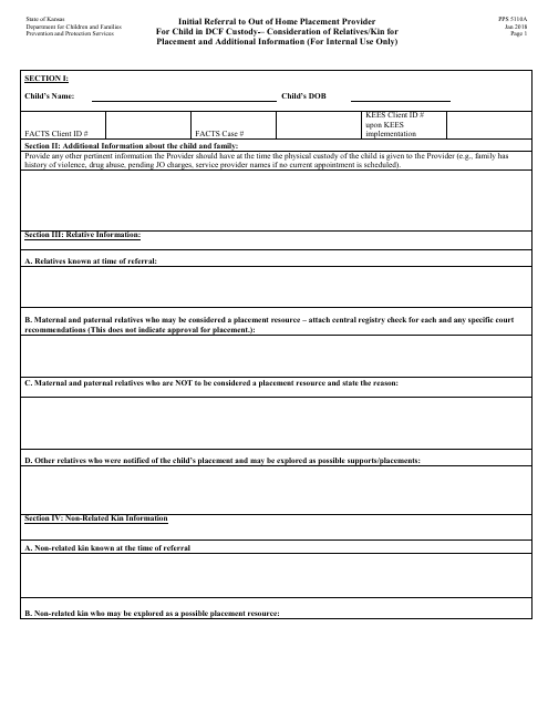 Form PPS5110A initial Referral to out of Home Placement Provider for Child in Dcf Custody - Consideration of Relative Placement (For Internal Use Only) - Kansas