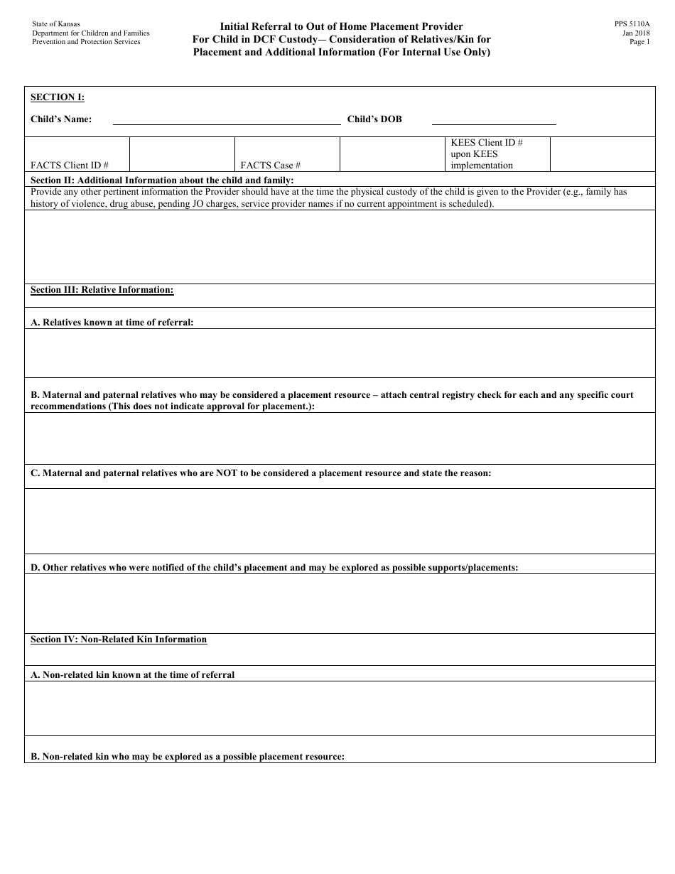 Form PPS5110A initial Referral to out of Home Placement Provider for Child in Dcf Custody - Consideration of Relative Placement (For Internal Use Only) - Kansas, Page 1