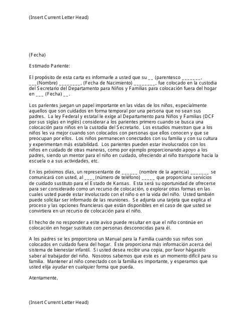 Formulario PPS5125 Relative Notice Letter - Kansas (Spanish)