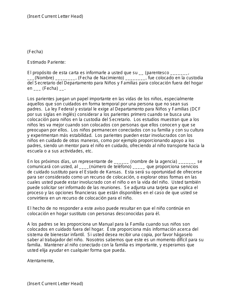 Formulario PPS5125 Relative Notice Letter - Kansas (Spanish), Page 1