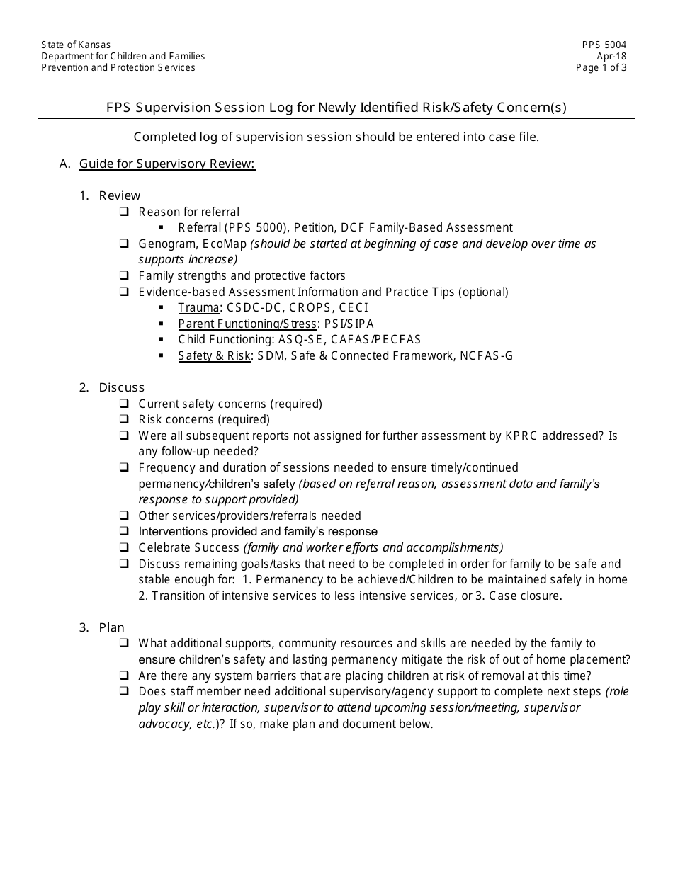 Form PPS5004 Fps Supervision Session Log for Newly Identified Risk / Safety Concern(S) - Kansas, Page 1