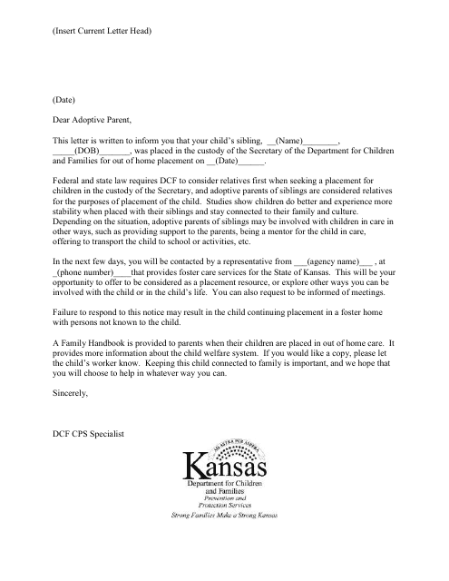 Form PPS5126 adoptive Parent Notification Letter - Kansas