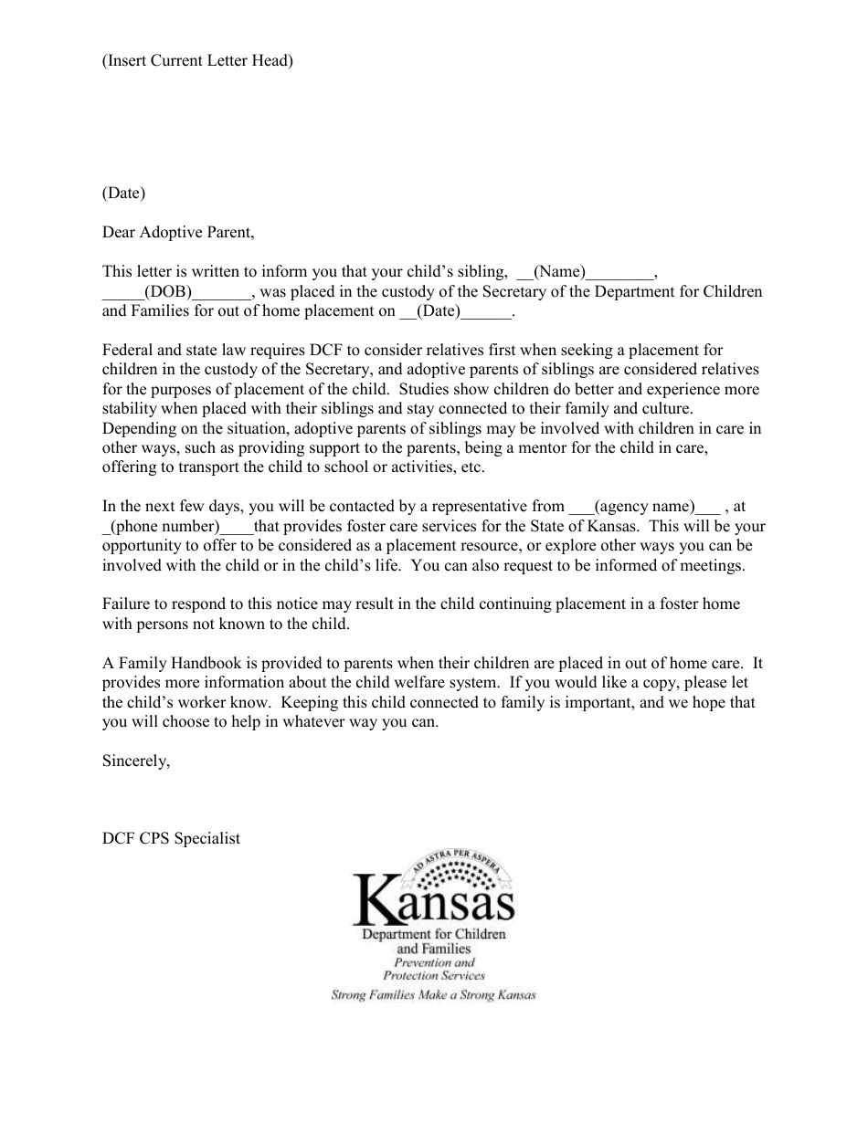 Form PPS5126 adoptive Parent Notification Letter - Kansas, Page 1