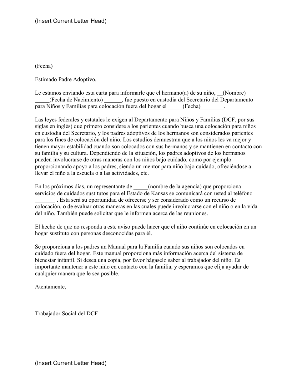 Formulario PPS5126 adoptive Parent Notification Letter - Kansas (Spanish), Page 1
