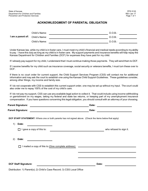Form PPS5135 Acknowledgment of Parental Obligation - Kansas