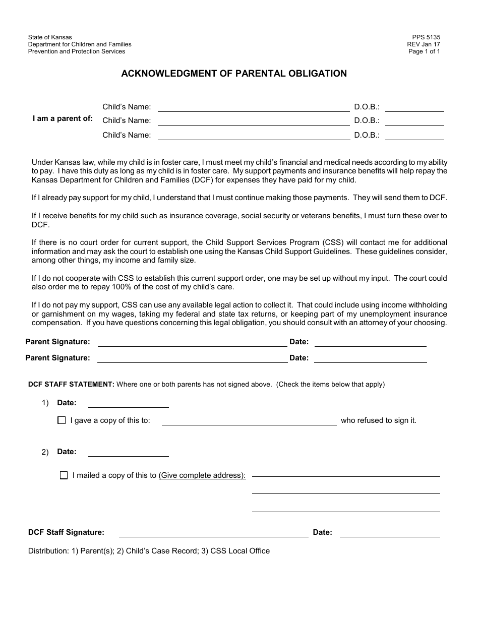 Form PPS5135 Acknowledgment of Parental Obligation - Kansas, Page 1