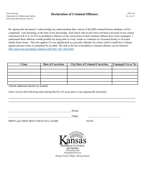 Form PPS5143 Declaration of Criminal Offenses - Kansas