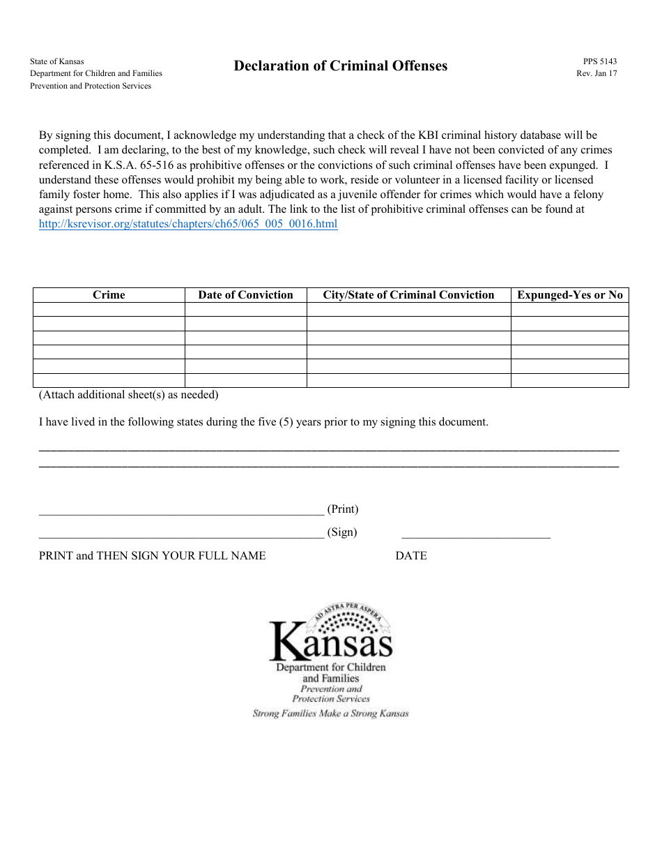 Form PPS5143 Declaration of Criminal Offenses - Kansas, Page 1