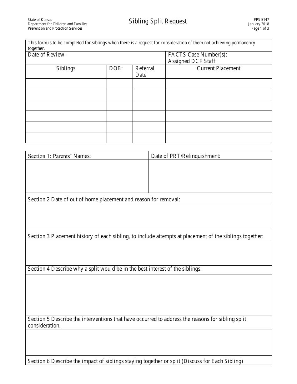 Form PPS5147 Sibling Split Request - Kansas, Page 1