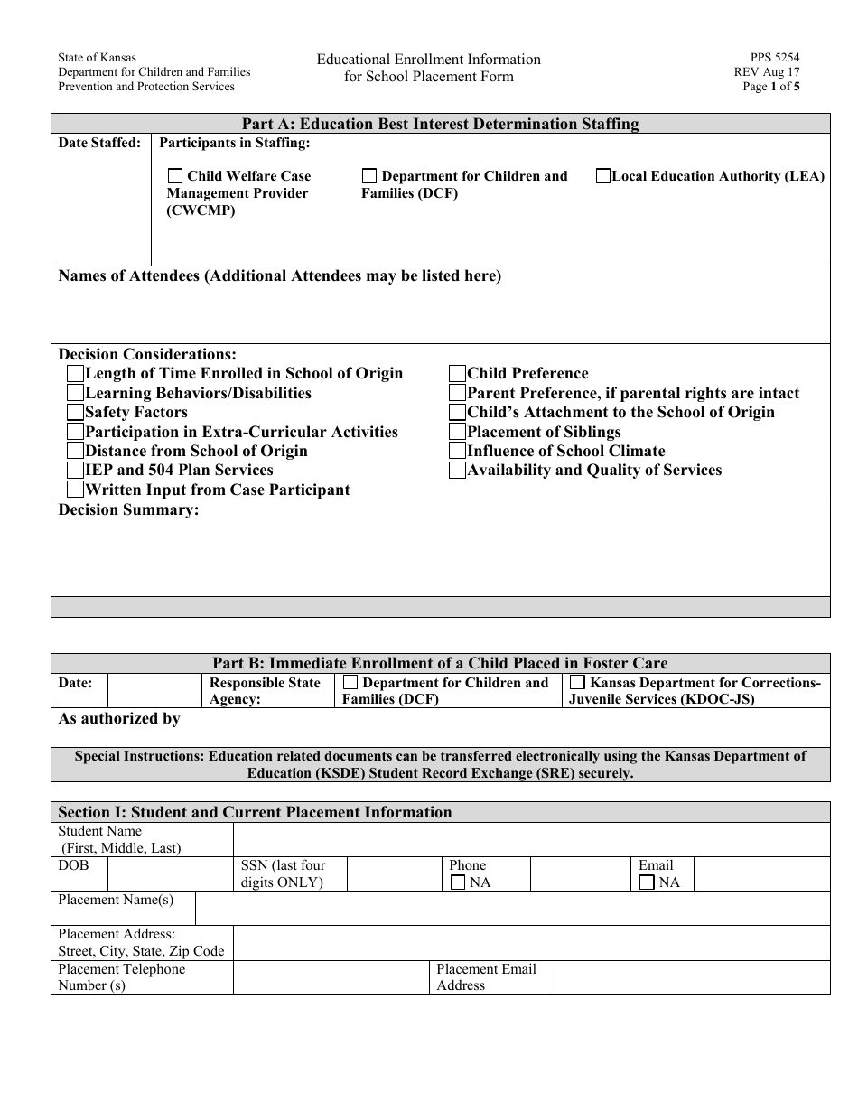 Form PPS5254 Educational Enrollment Information for School Placement Form - Kansas, Page 1