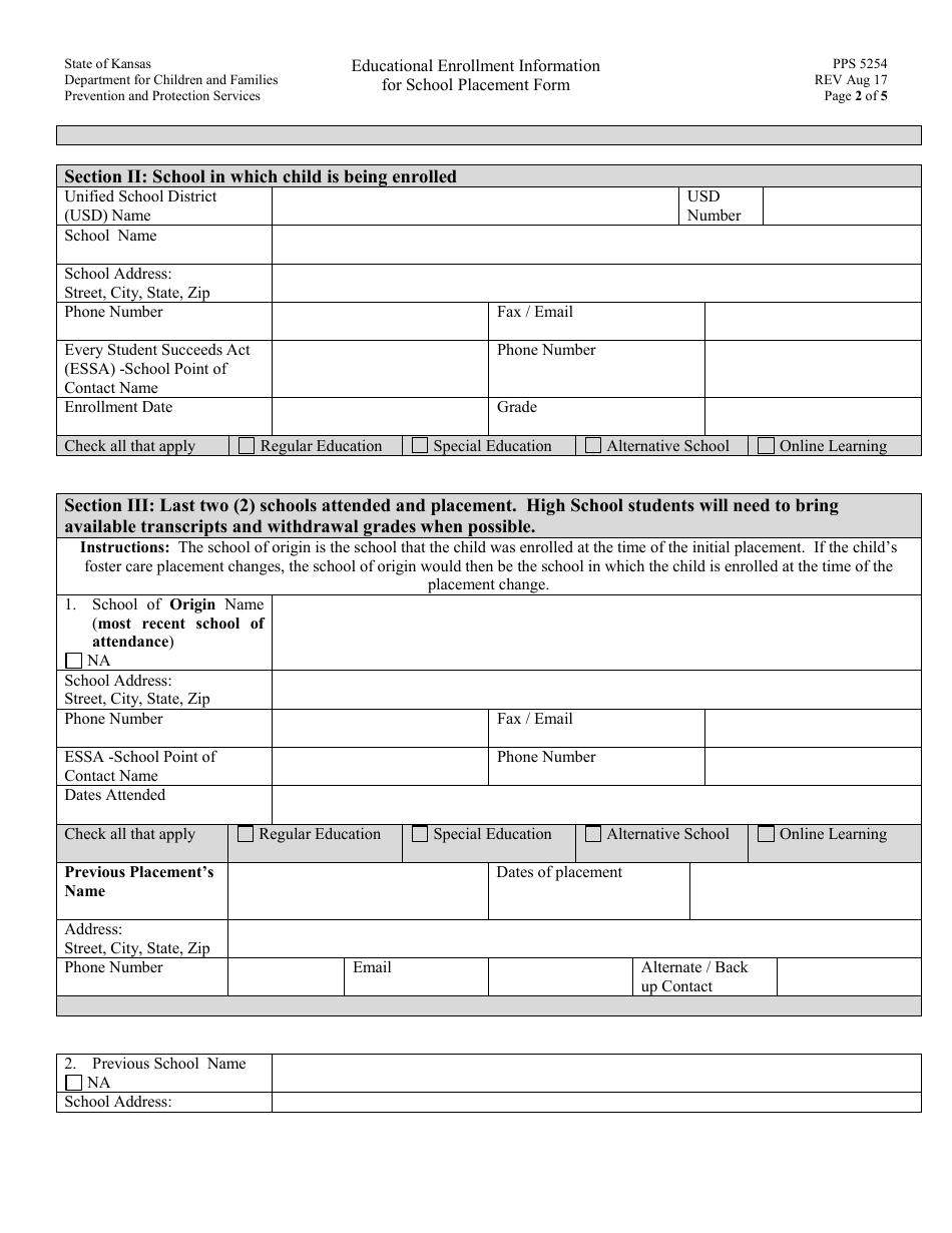 Form PPS5254 Educational Enrollment Information for School Placement Form - Kansas, Page 2