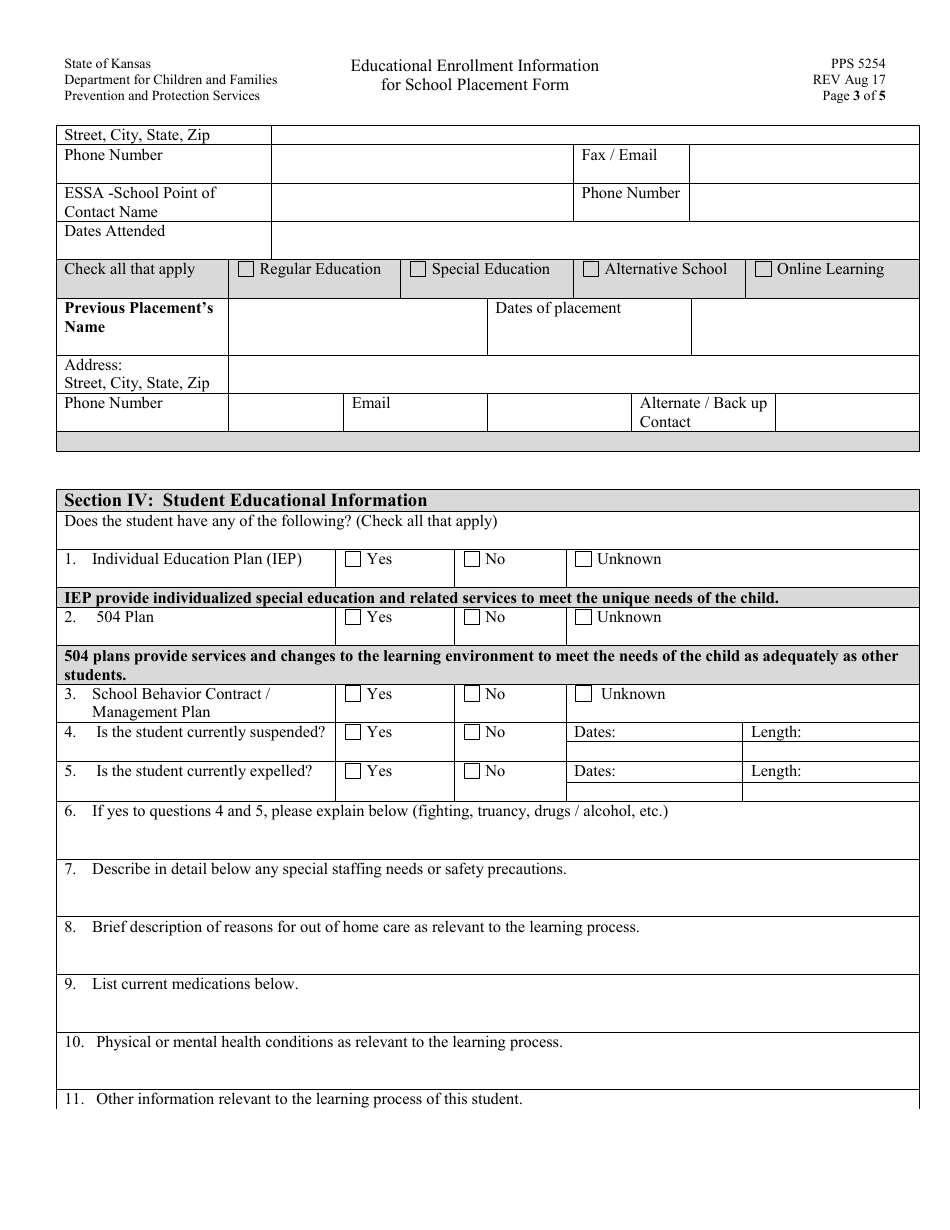 Form PPS5254 Educational Enrollment Information for School Placement Form - Kansas, Page 3