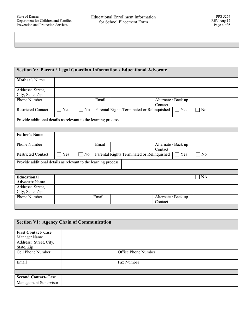 Form PPS5254 Educational Enrollment Information for School Placement Form - Kansas, Page 4