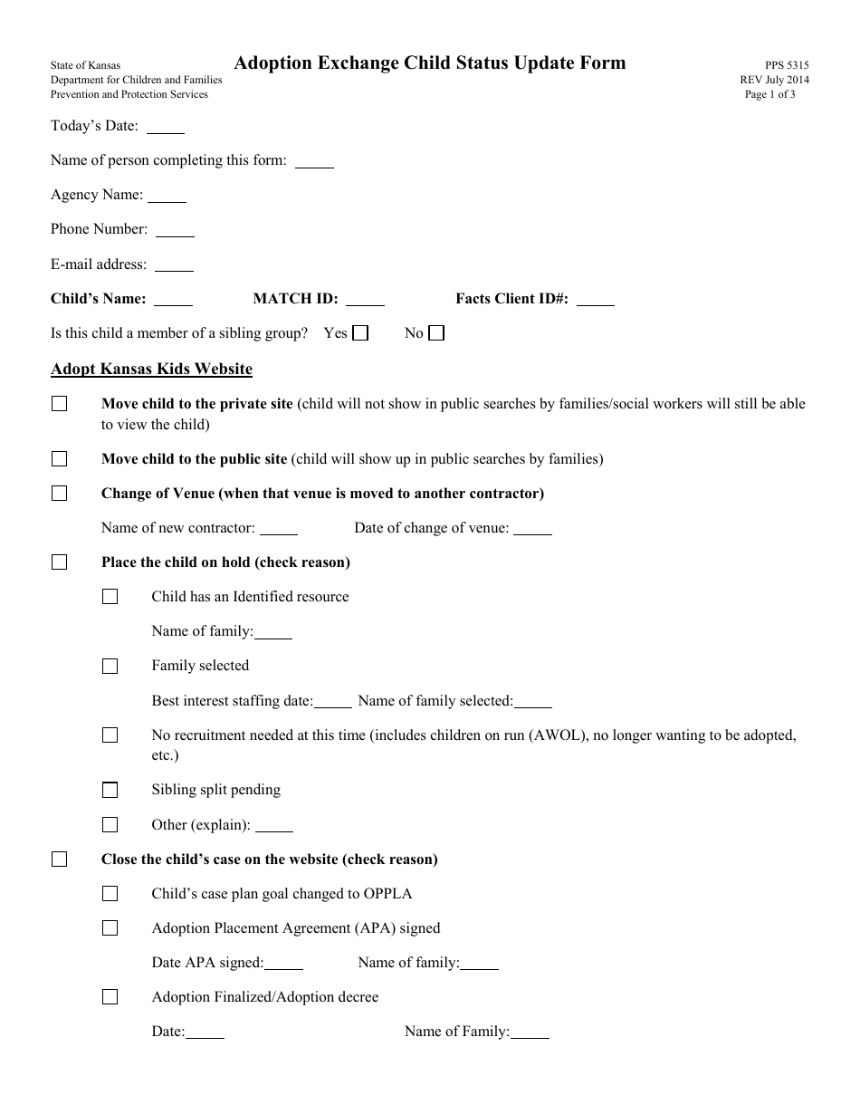 Form PPS5315 Adoption Exchange Child Status Update Form - Kansas, Page 1