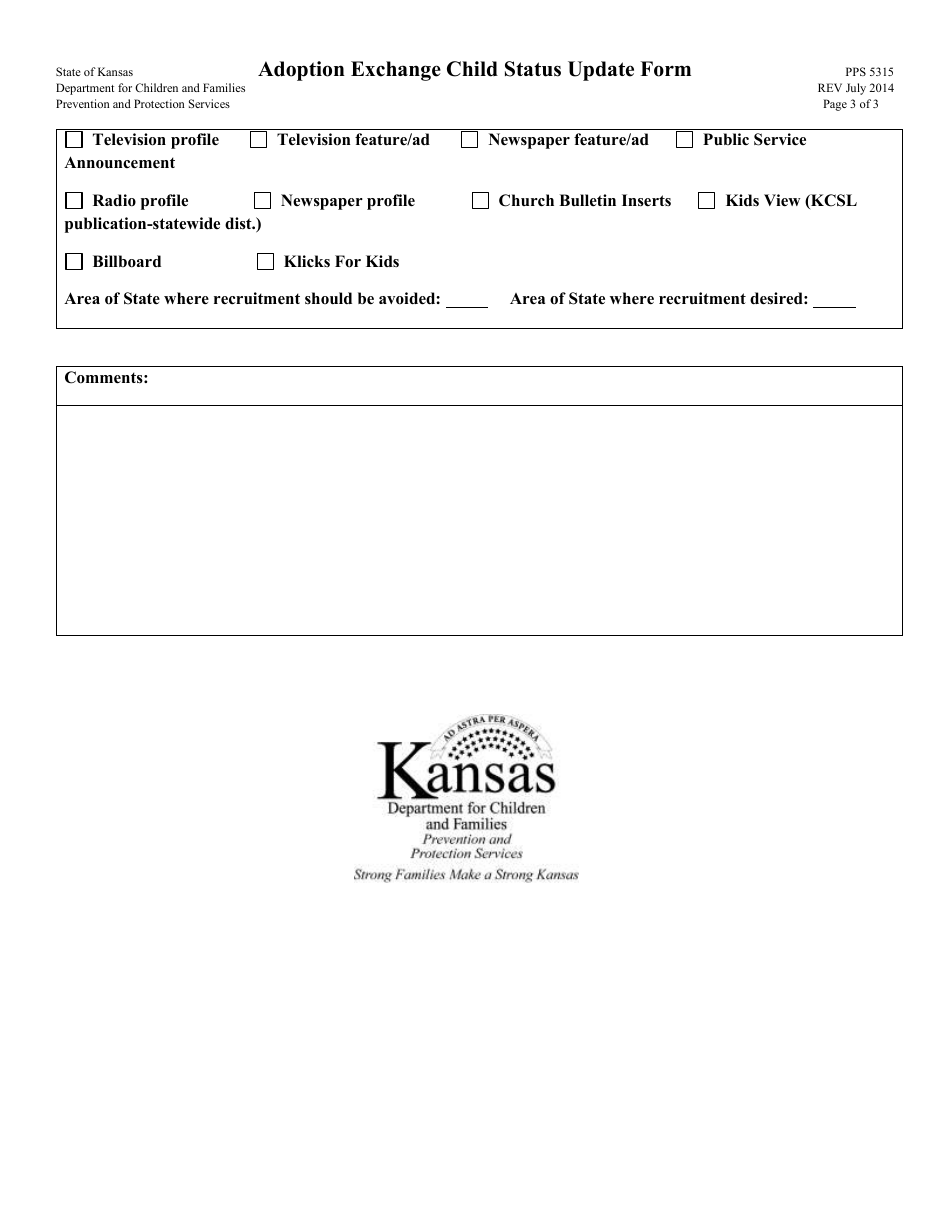 Form PPS5315 Adoption Exchange Child Status Update Form - Kansas, Page 3