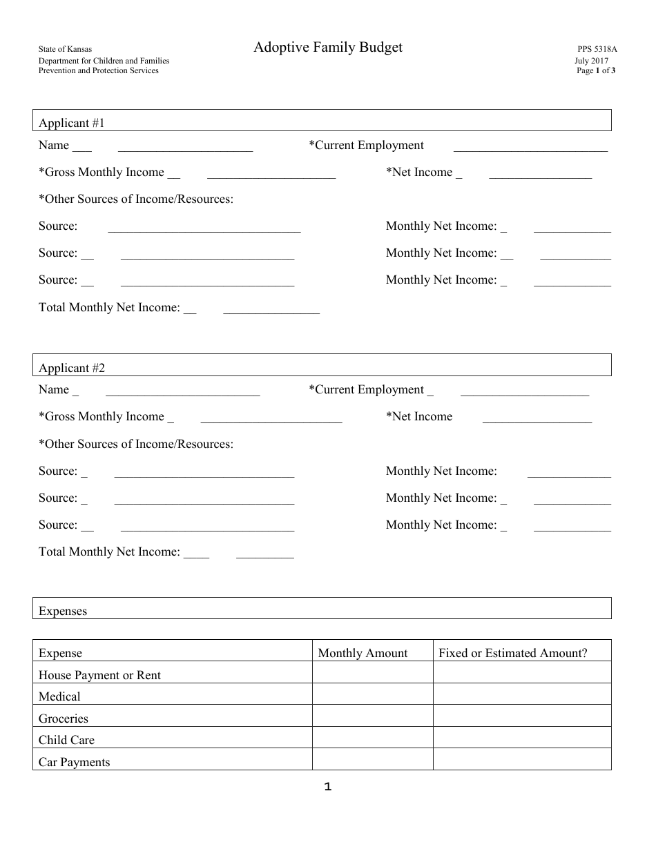 Form PPS5318A Adoptive Family Budget - Kansas, Page 1