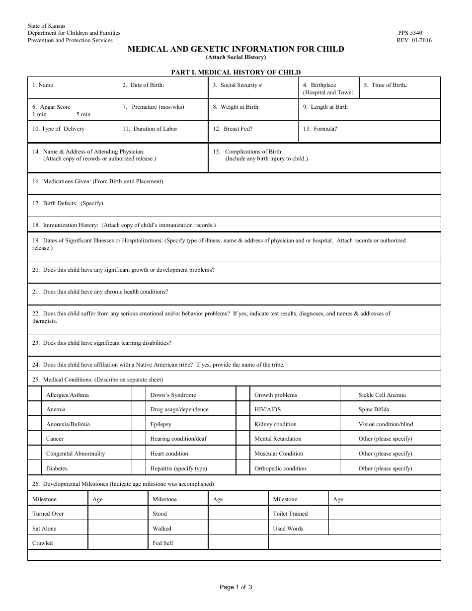 Form PPS5340 Medical and Genetic Information for Child - Kansas, Page 1