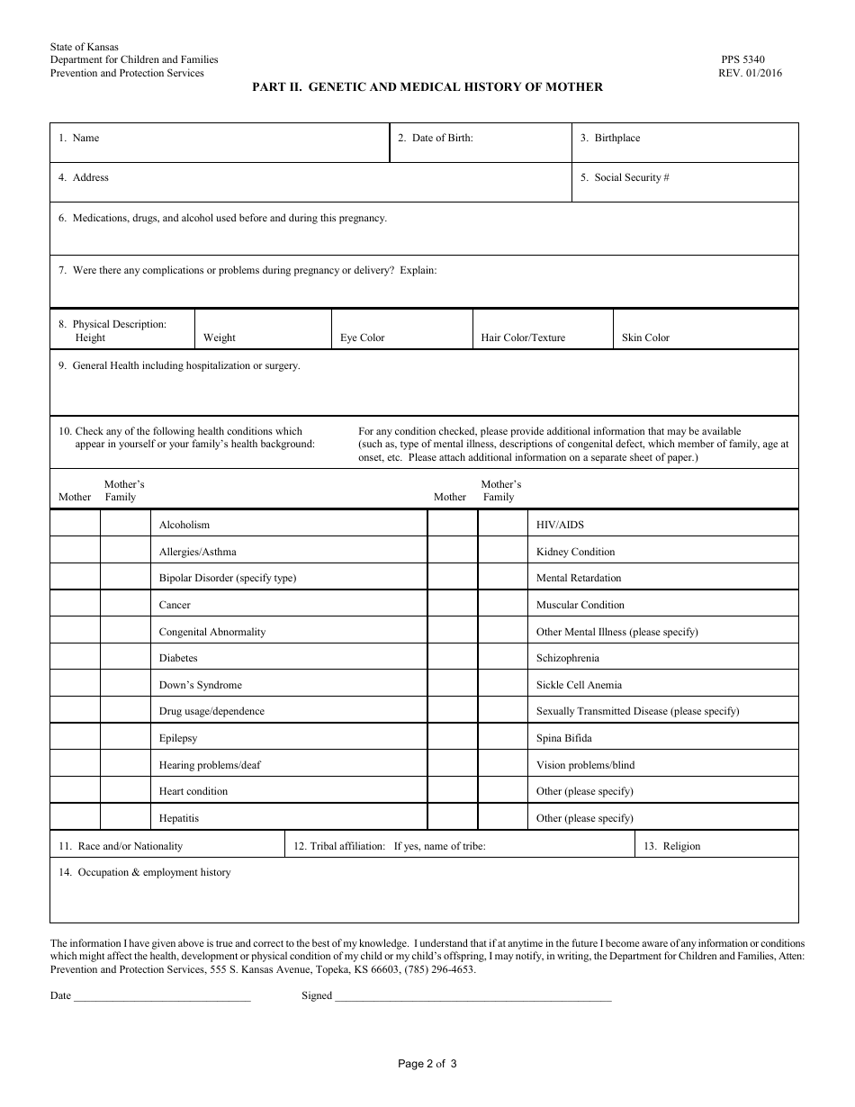 Form PPS5340 Medical and Genetic Information for Child - Kansas, Page 2